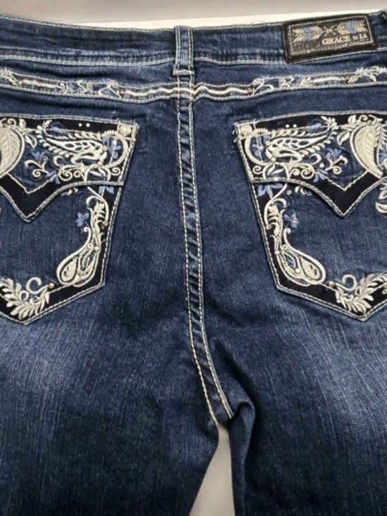 Grace in LA Denim - Grace in LA Dark Blue Boot Cut Jeans with White & Light Blue Embroidery